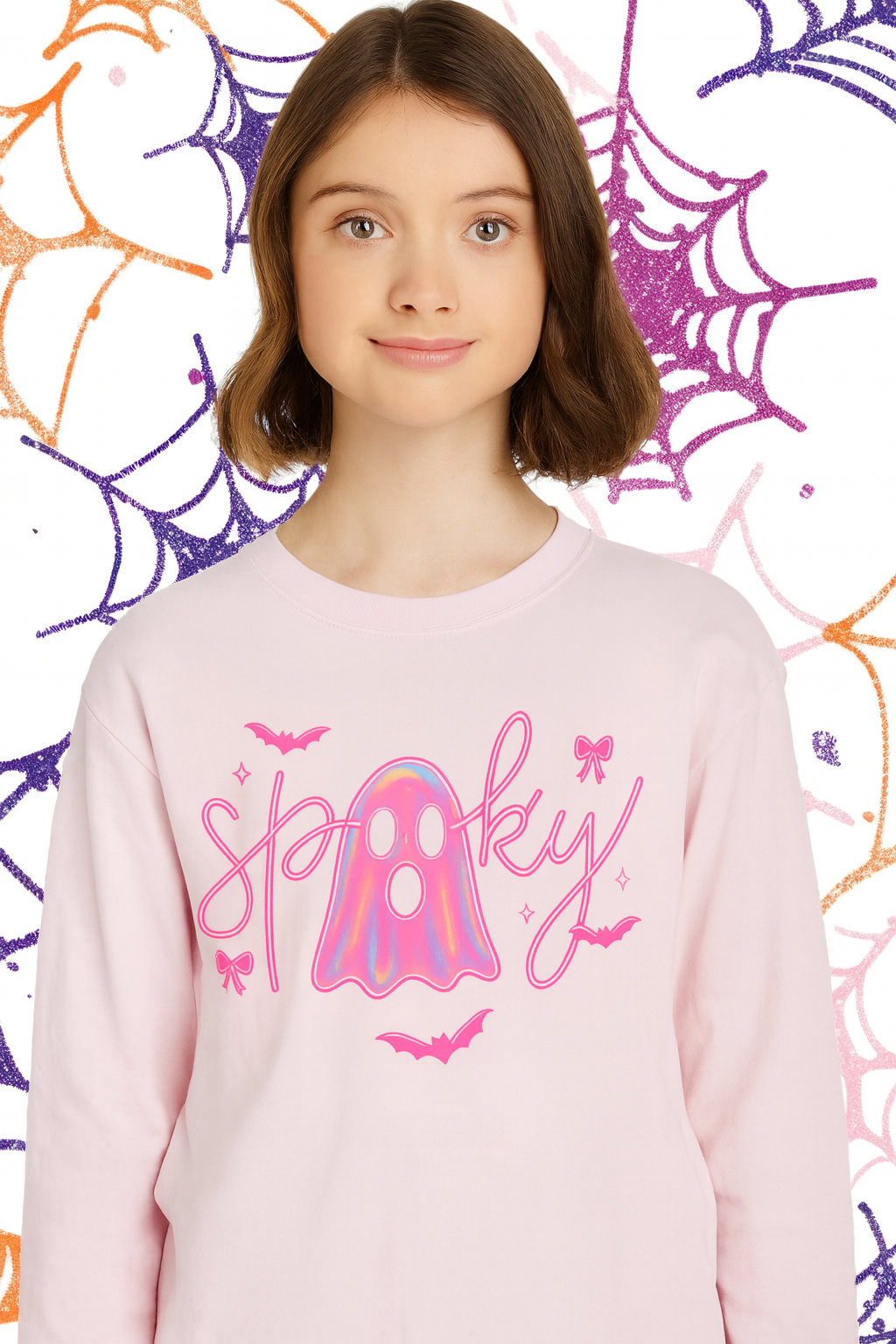 Spooky Ghost Youth Long Sleeve Tee – Bella + Canvas 3511Y (Soft Pink)