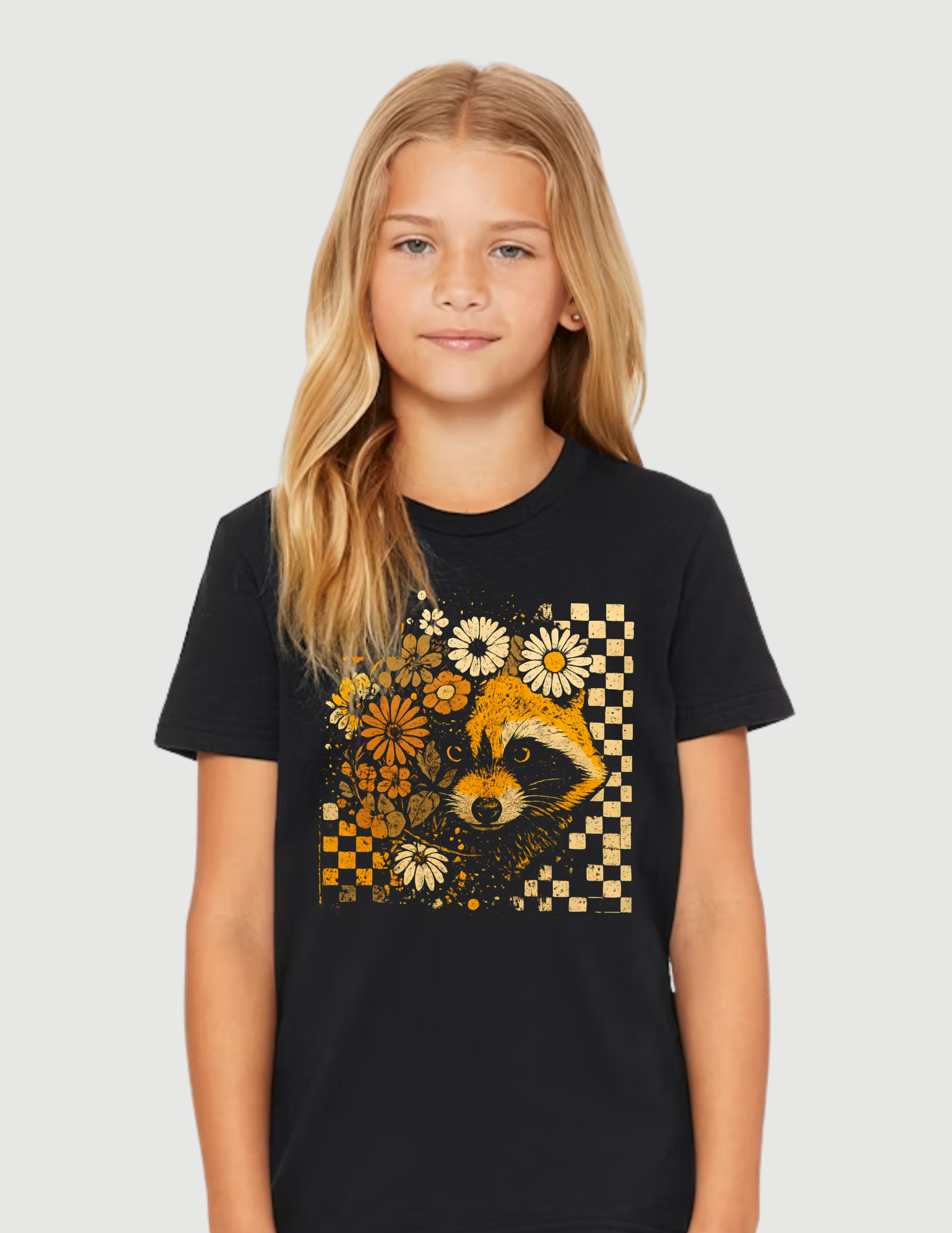 Floral Raccoon Checkered Collection – Youth & Adult Tees, Long Sleeves & Sweatshirts
