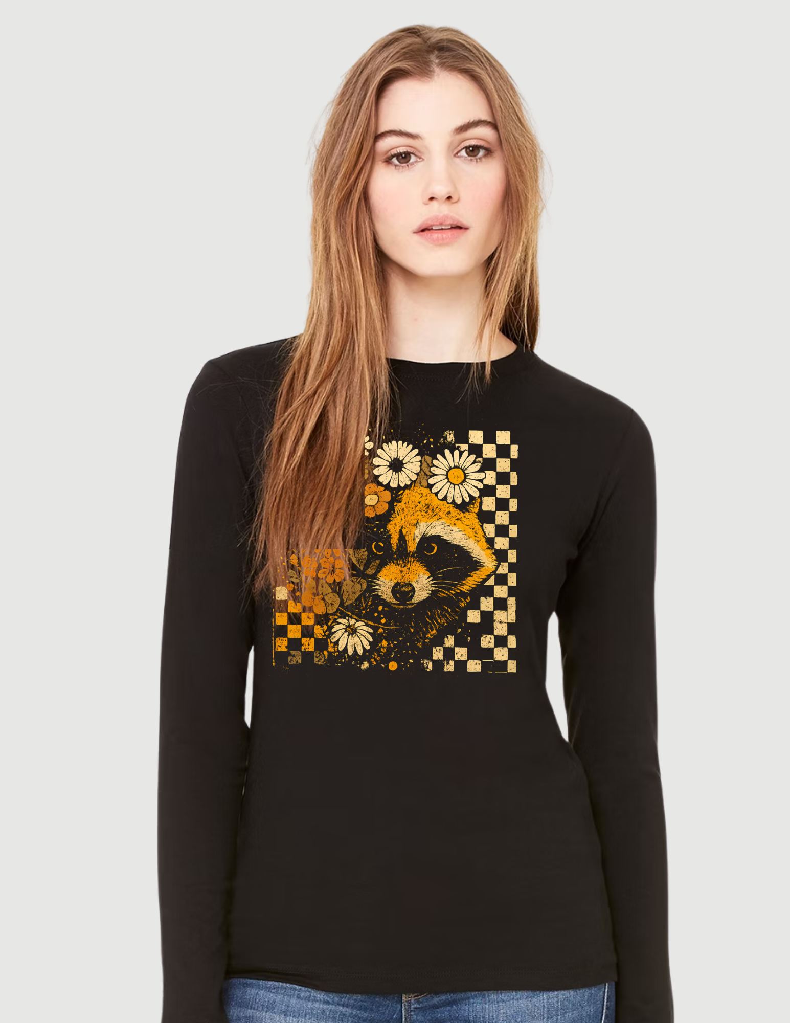 Floral Raccoon Checkered Collection – Youth & Adult Tees, Long Sleeves & Sweatshirts