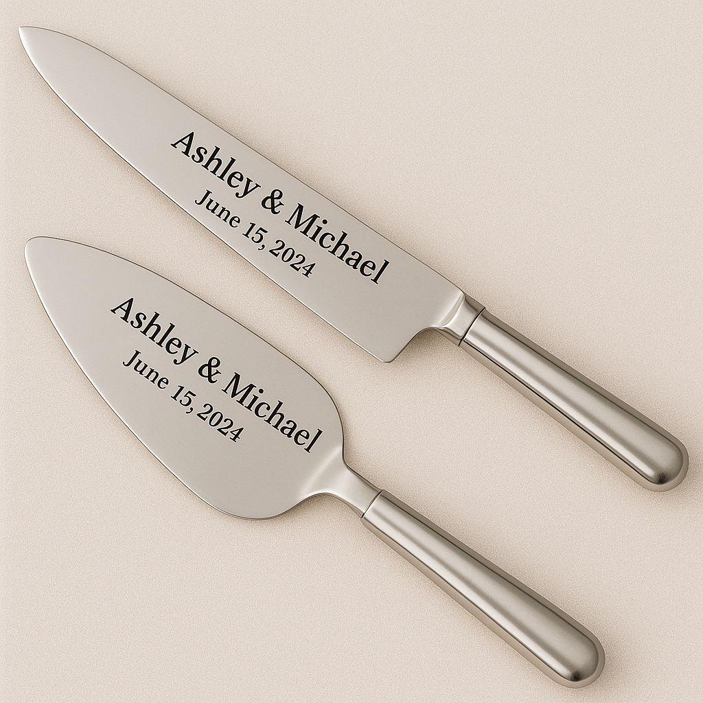 Engraved Stainless Steel Wedding Cake Knife & Server Set