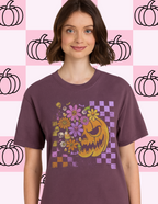 Floral Jack-O’-Lantern Comfort Colors T-Shirt – Black & Berry (Adult)