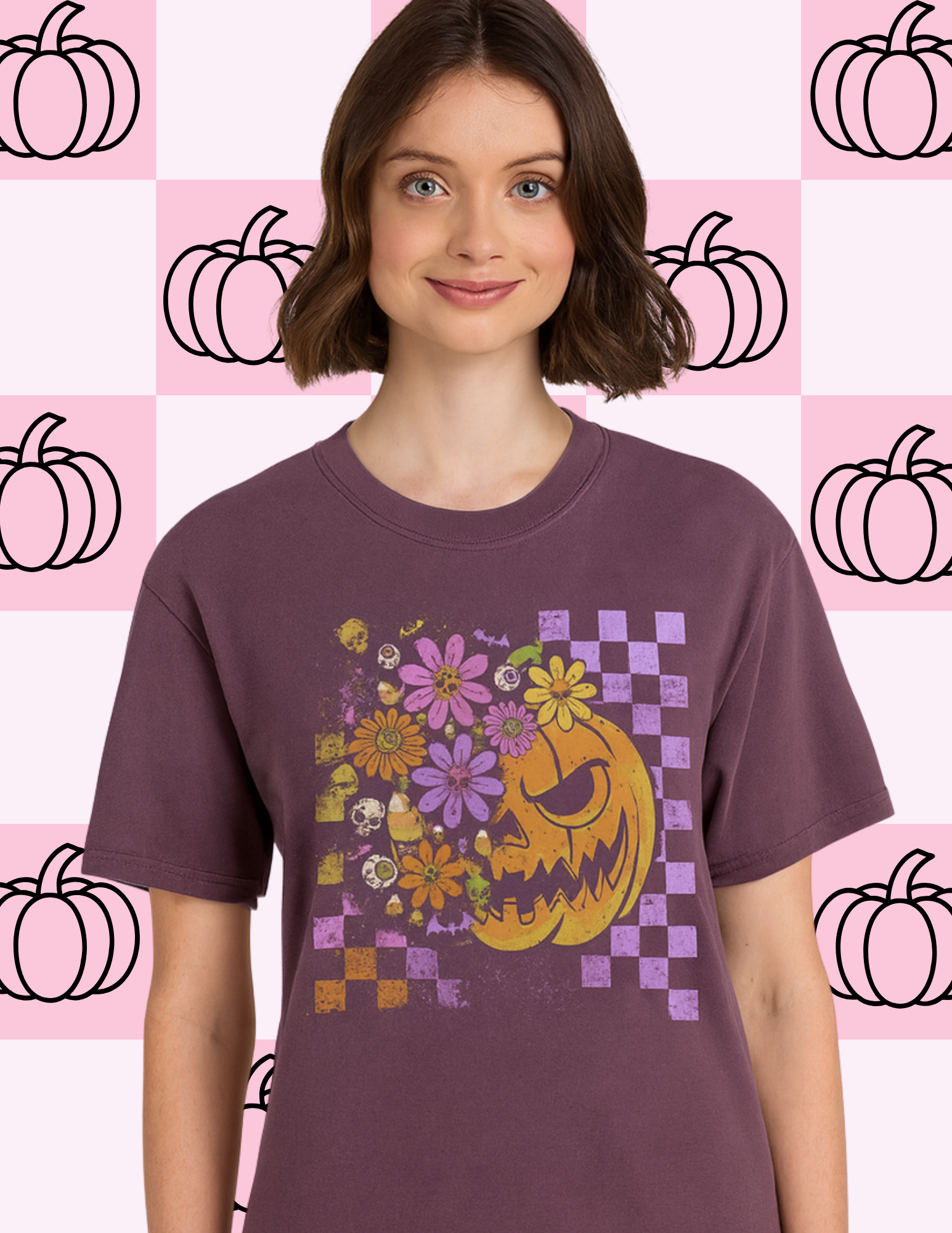 Floral Jack-O’-Lantern Comfort Colors T-Shirt – Black & Berry (Adult)