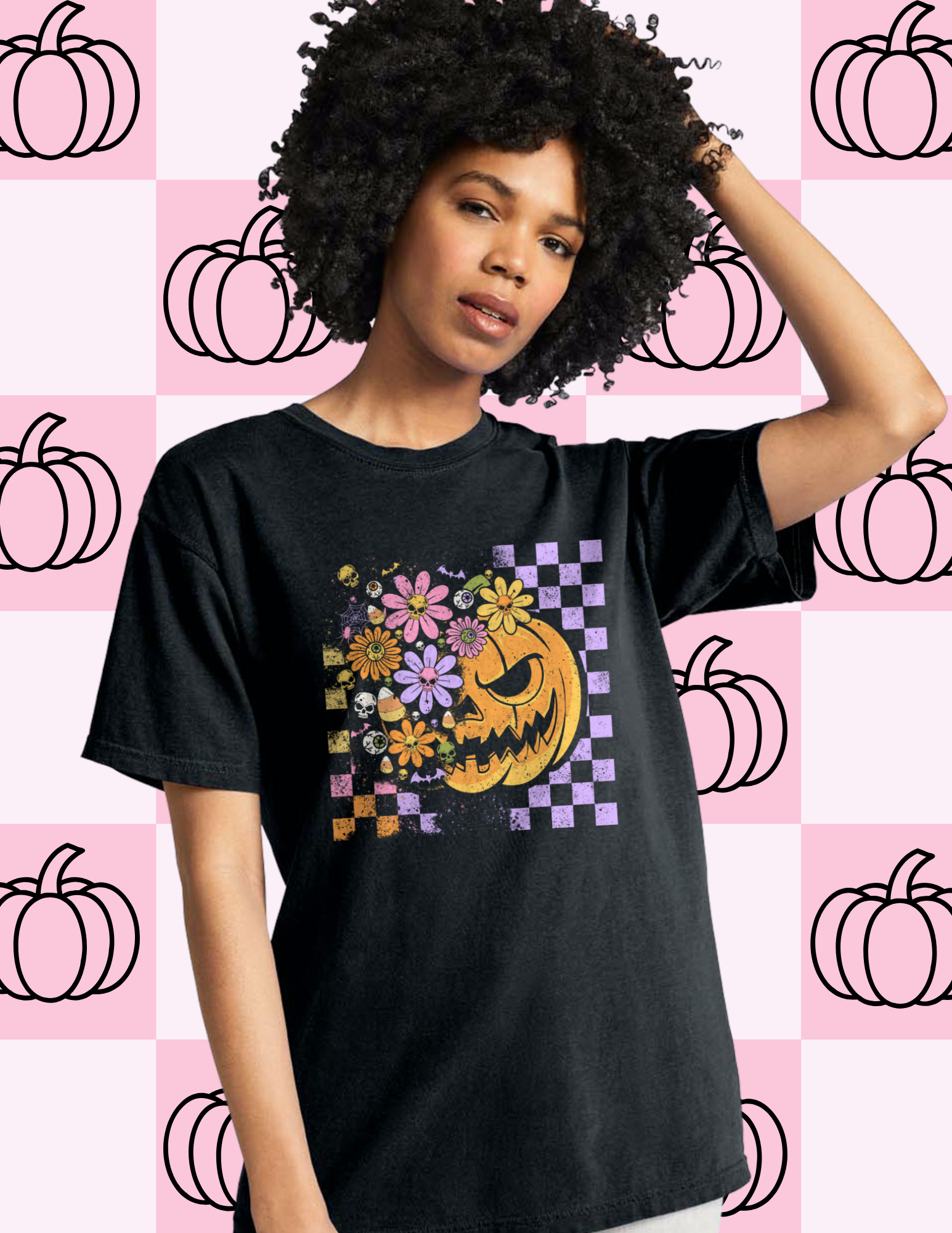 Floral Jack-O’-Lantern Comfort Colors T-Shirt – Black & Berry (Adult)