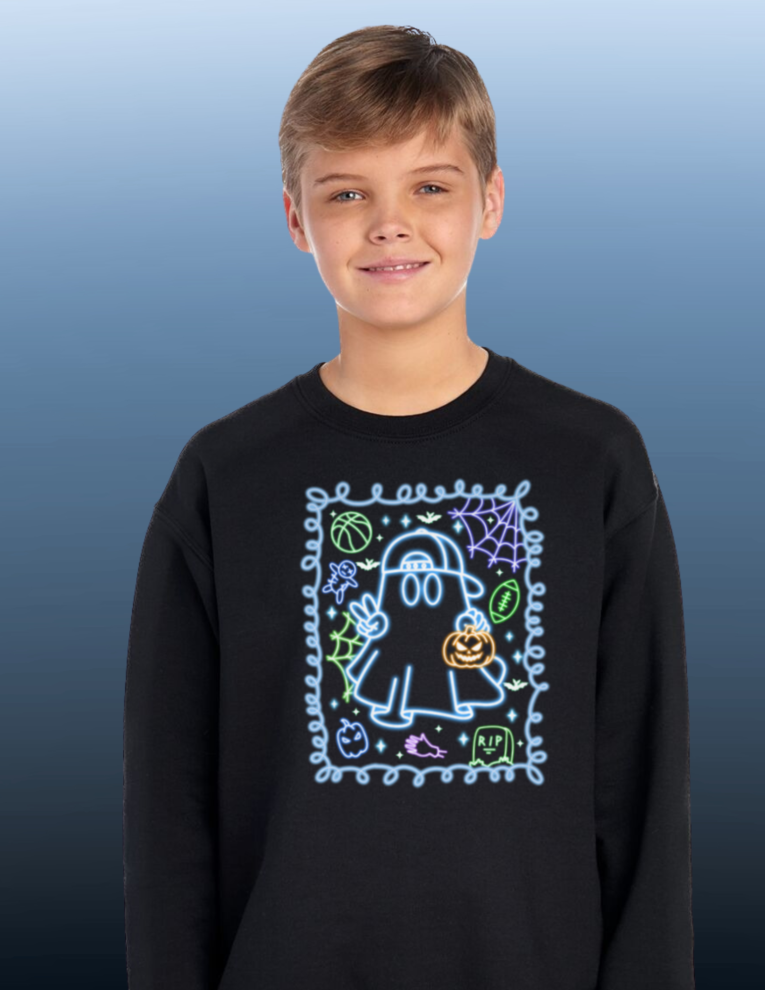 Blue Neon Ghost Halloween Youth Crewneck – Jerzees NuBlend® Fleece (Black) (Youth)