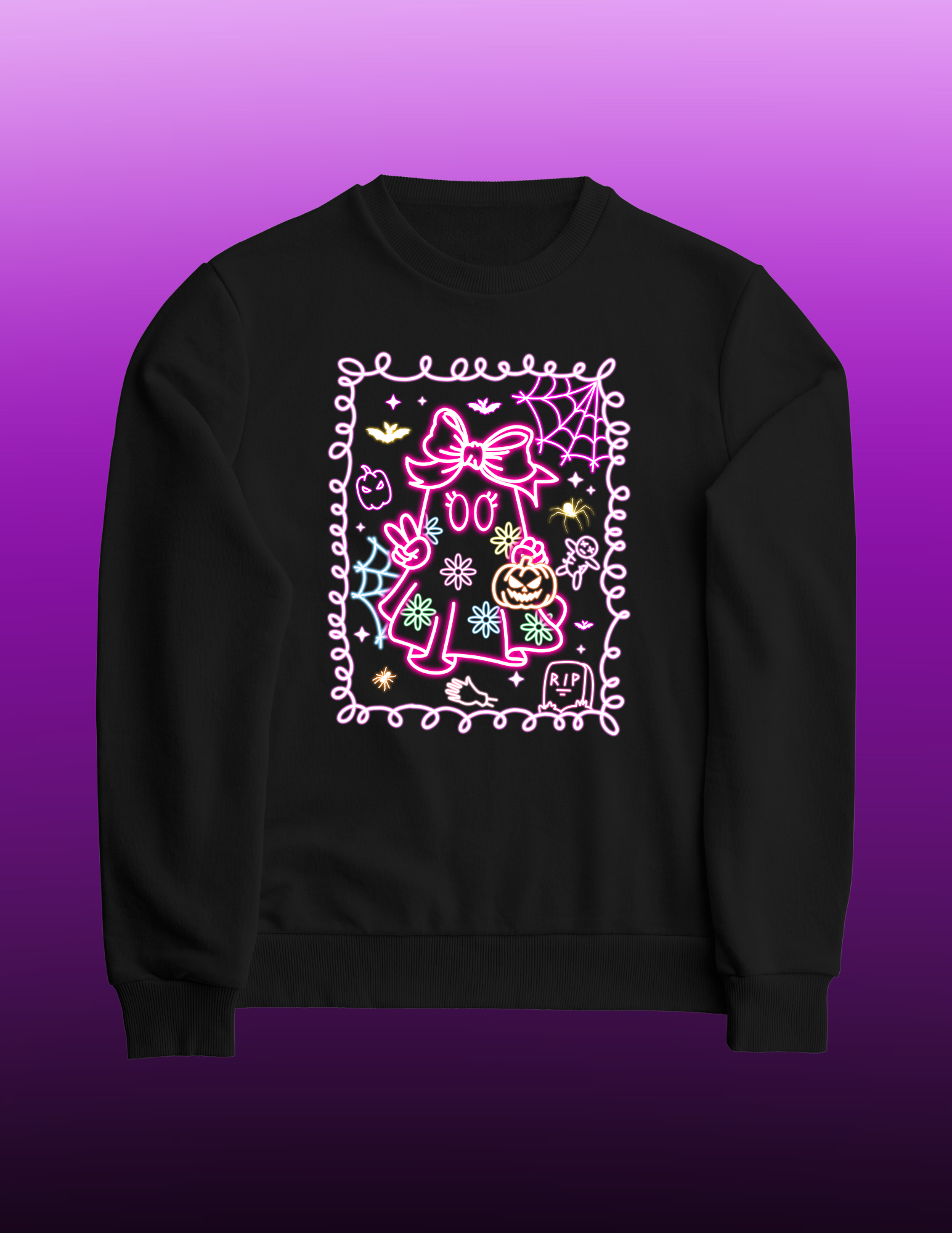 Pink Neon Ghost Halloween Youth Crewneck – Jerzees NuBlend® Fleece (Black) (Youth)