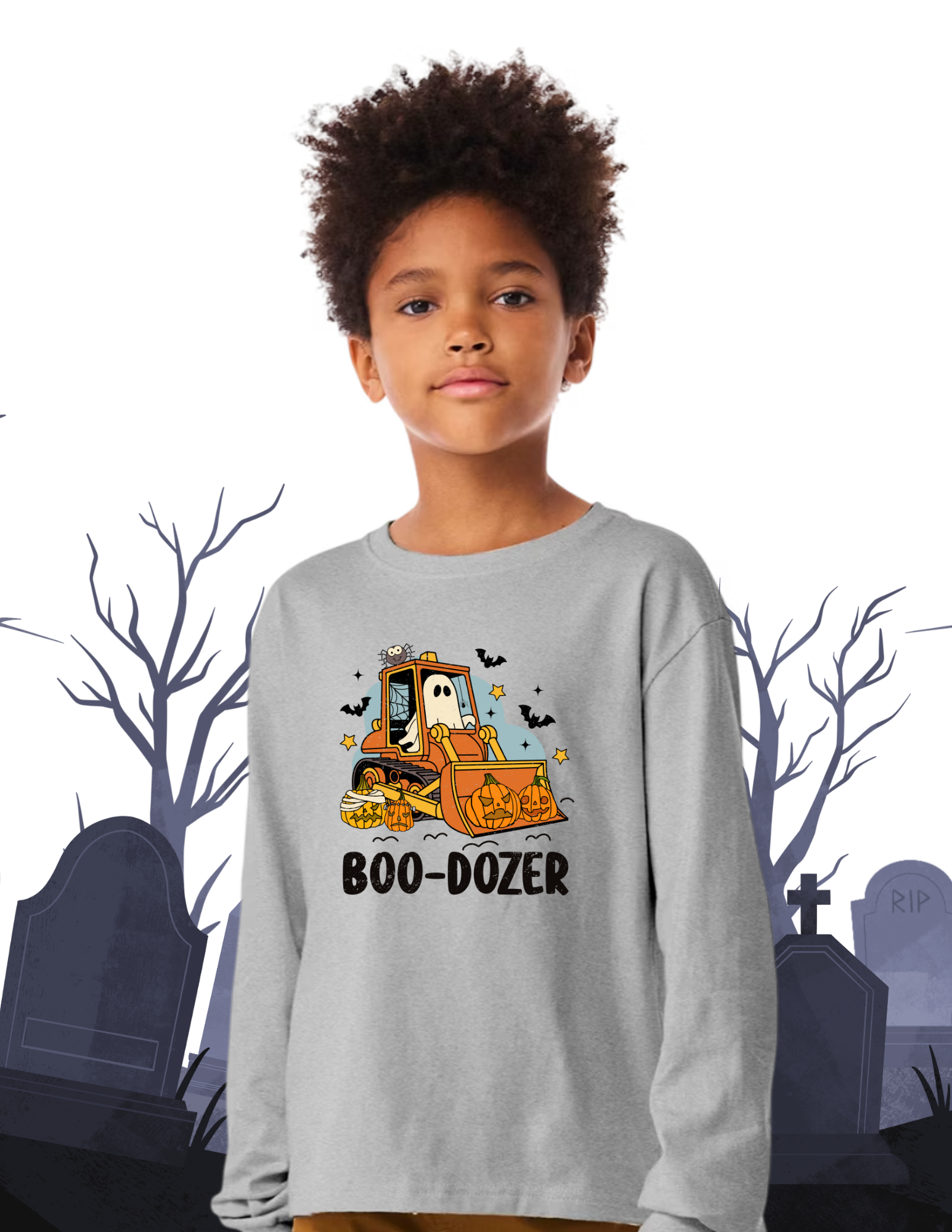 Boo-Dozer Youth Long Sleeve Tee – Bella + Canvas 3511Y (Natural & Heather Grey)