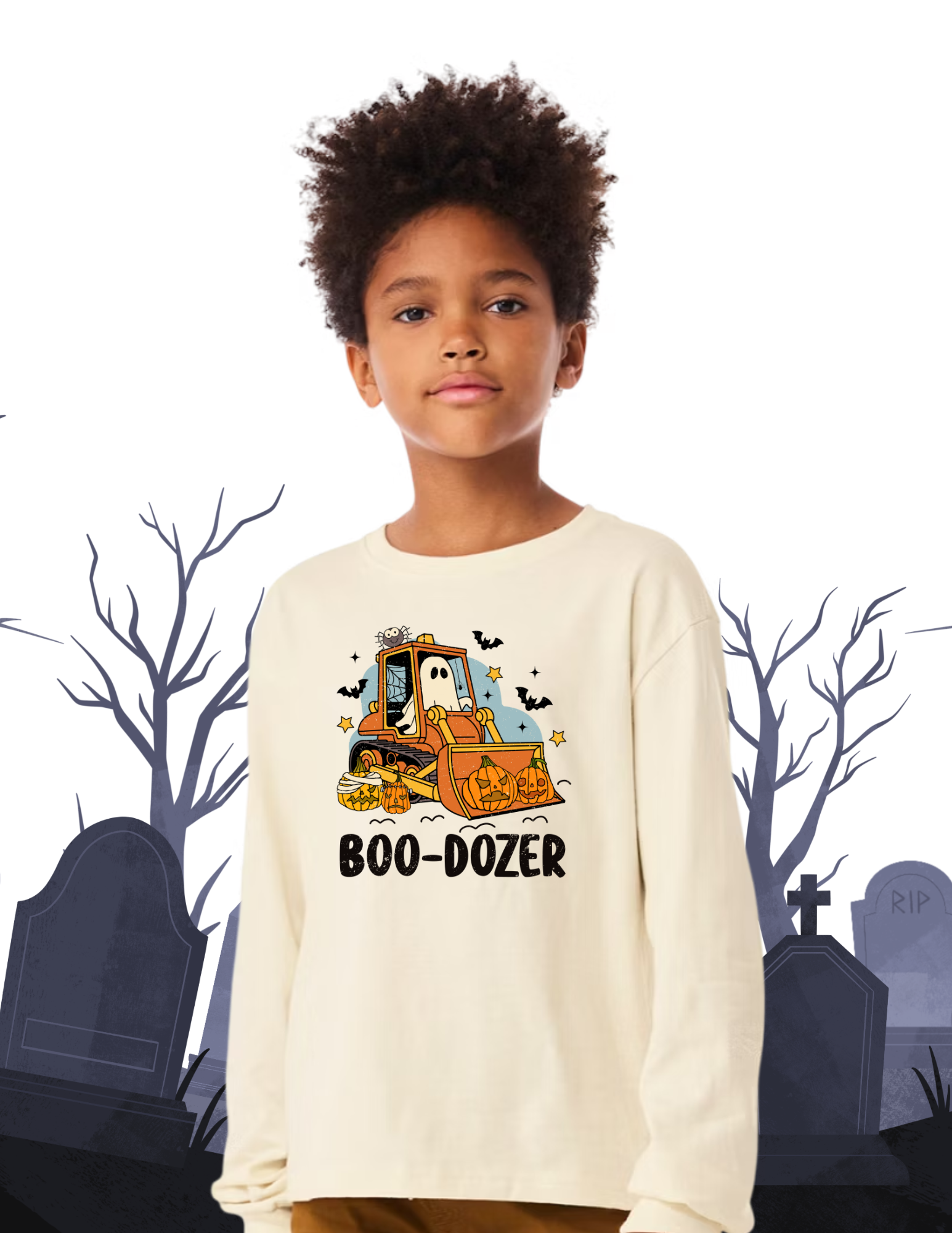 Boo-Dozer Youth Long Sleeve Tee – Bella + Canvas 3511Y (Natural & Heather Grey)